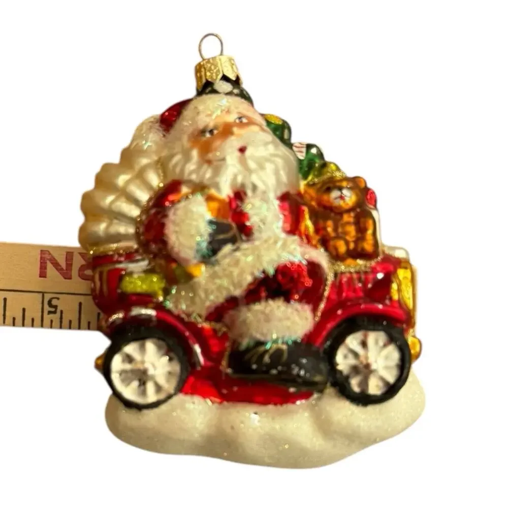 Lg Santa Riding Vintage Car Jalopy Glass Ornament w/Tree Teddy Bear‎ 5.5